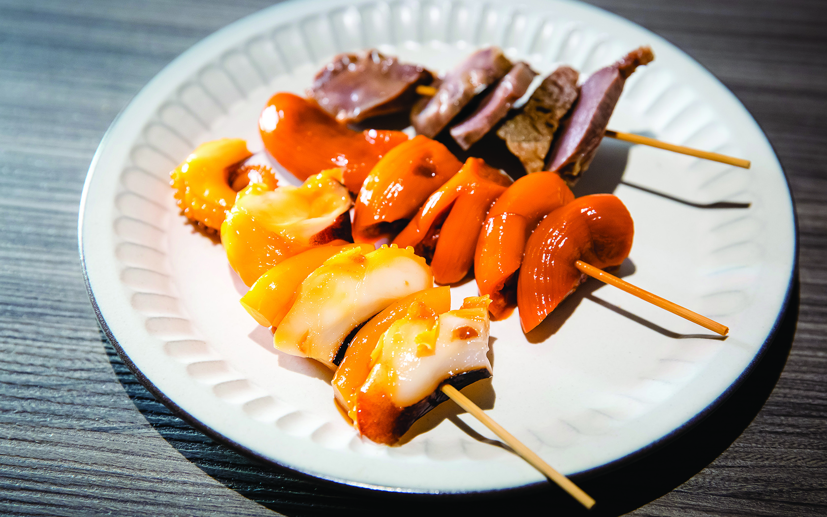 Fat Boy octopus and duck stomach skewers