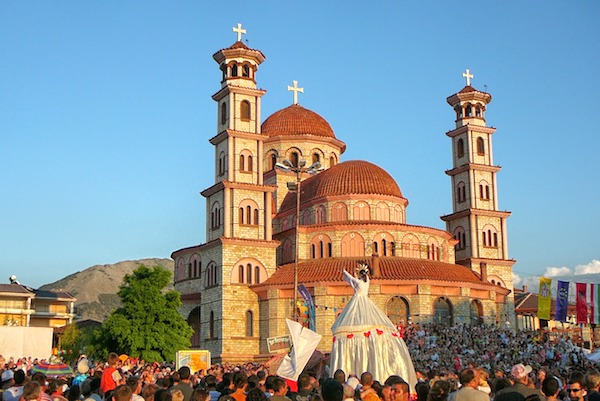 Celebrations outside Resurrection Cathedral, Korçë in Albania, Eastern Europe.