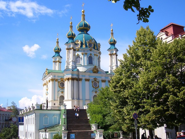 St Andrews Church, Ukraine, against a blue sky. 