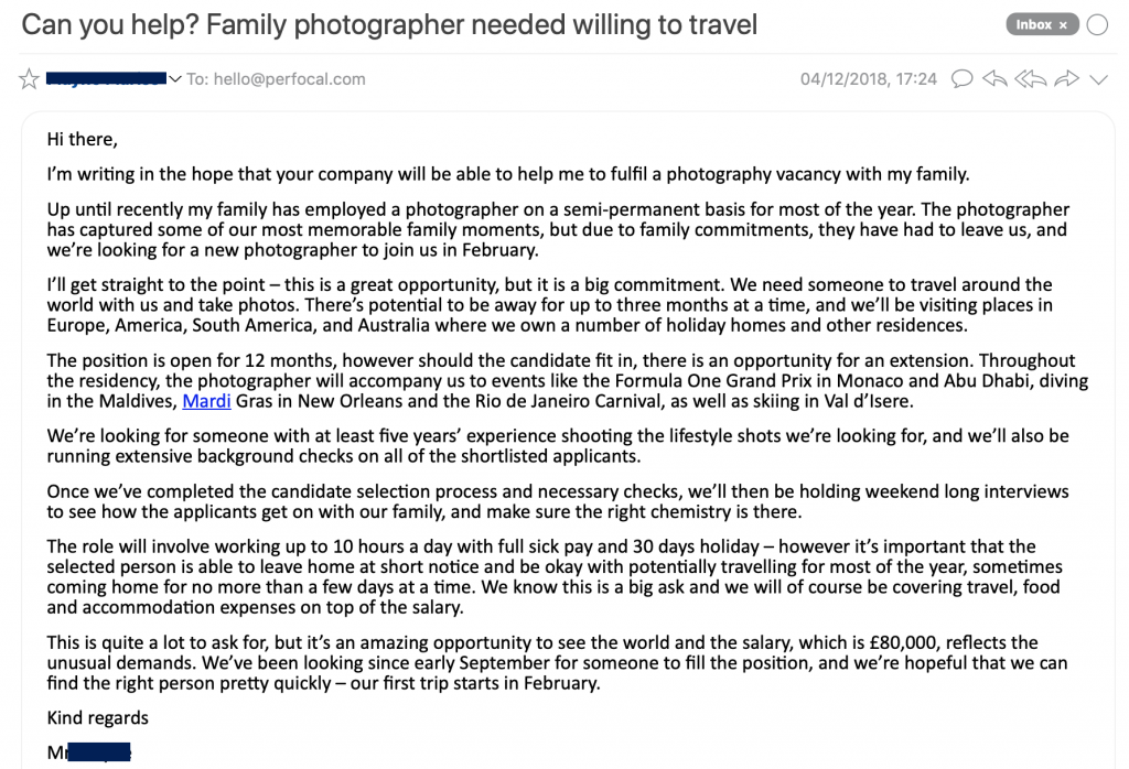 A rich anonymous dad is using Perfocal to find a new photographer