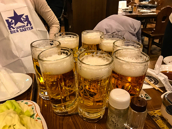 Glasses of beer at the Sapporo Beer Garden