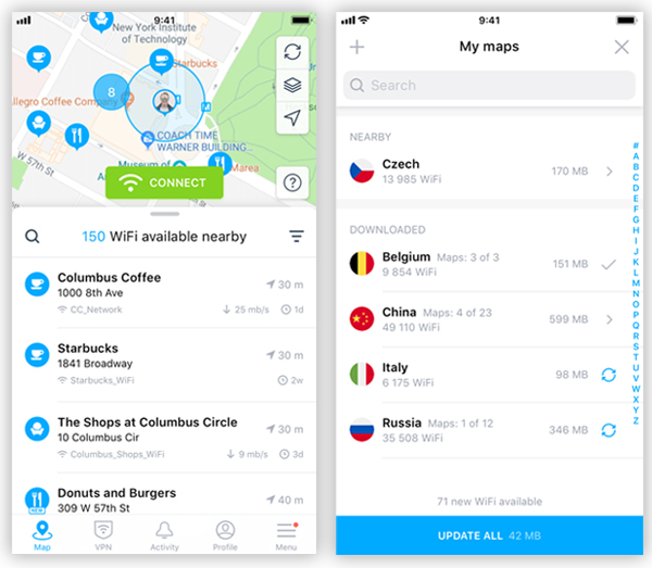 Two screens from the Wifi Map app, which shows you the passwords for free WiFi hotspots around the world