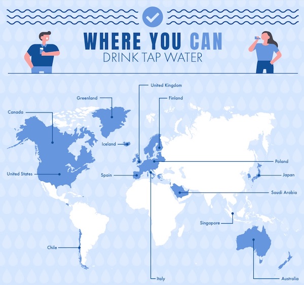 A map showing countries where you can drink tap water.