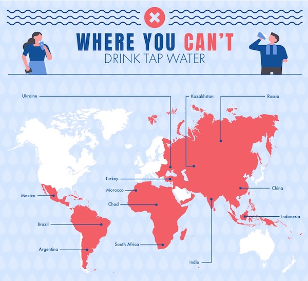 A map showing where you can't drink tap water around the world.