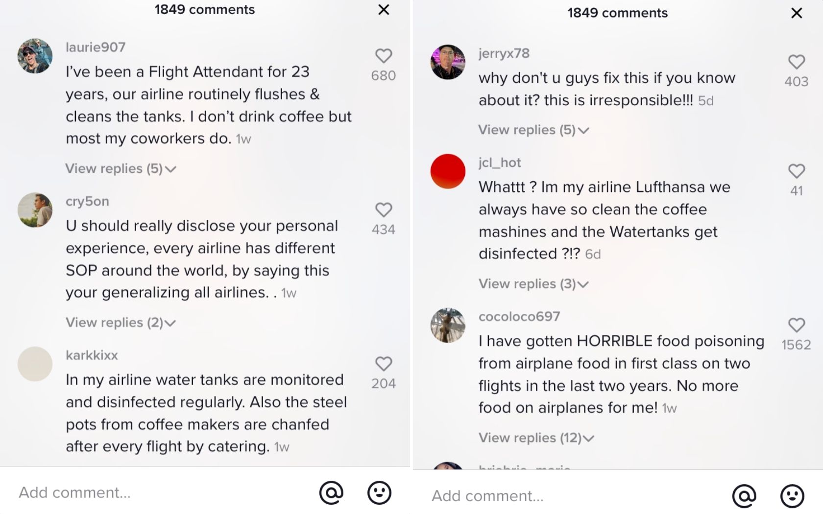 Comments on TikTok about why you shouldn't drink coffee or tea on flights